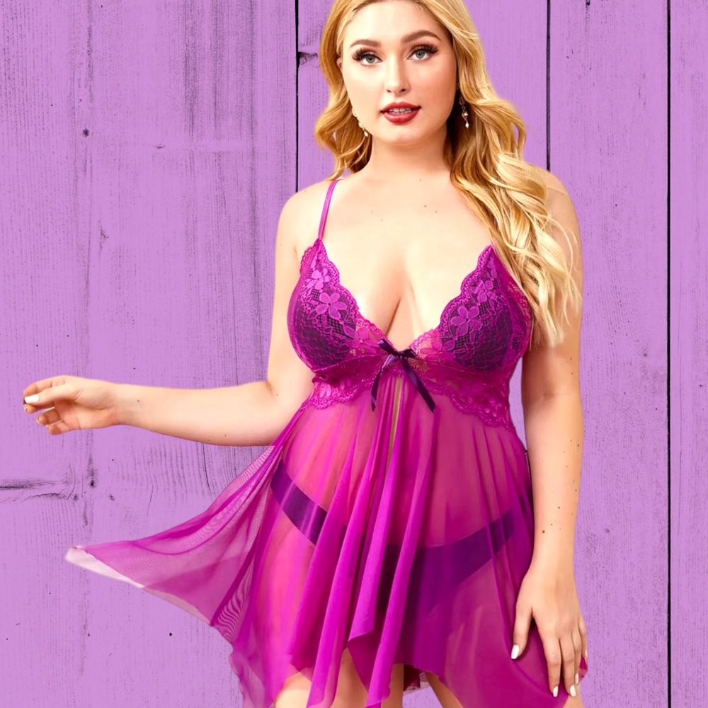 Plus Size Contrast Lace Semi Sheer Sexy Costumes Dress, Women's Plus Mesh Teddy.